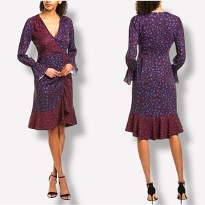 PARKER Noni Faux Wrap Ruffled Midi Dress in Cobalt Leopard- Size 0